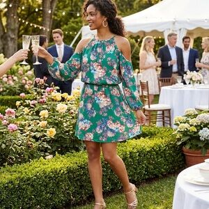 Charles Henry Green Floral Cold Shoulder Bell Sleeve Mini Dress Size Small NWT